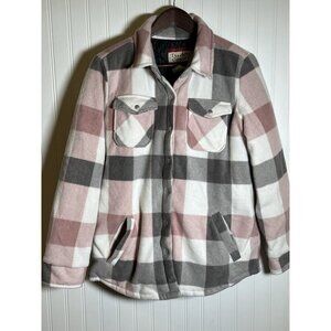 Women’s Fleece Jacket Pink Grey White Plaid Size S Casual School Outdoors